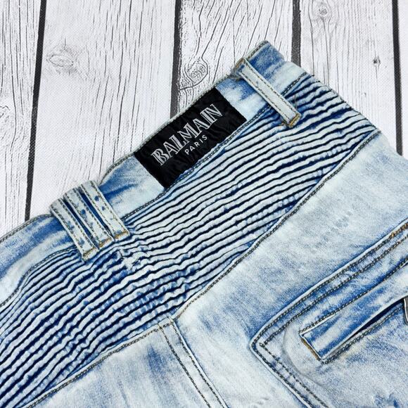 Men’s Balmain Light Blue Destroyed And Ribbed Biker Jeans Size 32x33 - Picture 8 of 9